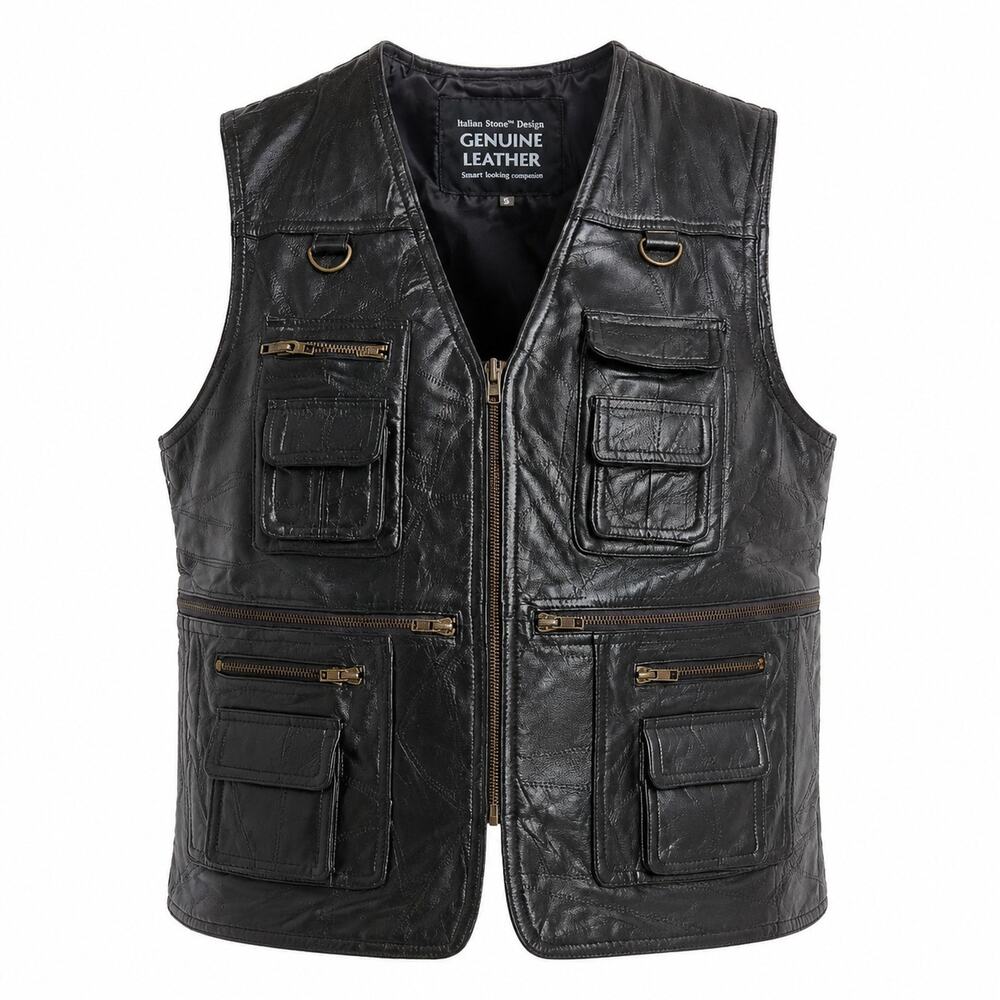 Navarre Leather Vest Adult Large Black Italian Stone Design W/Pockets Zip Mens